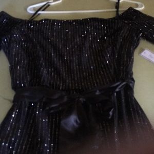 Black beaded off the shoulder elbow length pantsuit